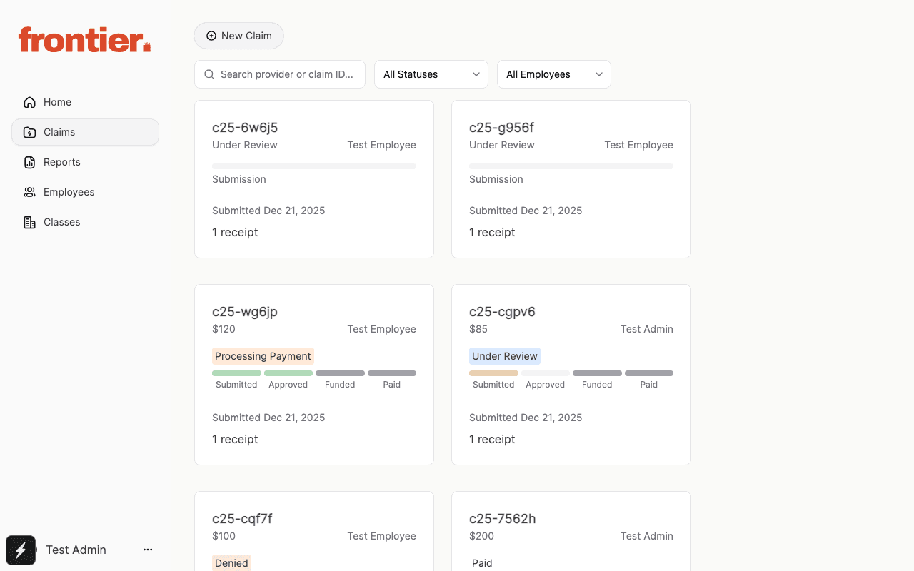 Admin claims list with employee-level claim context.