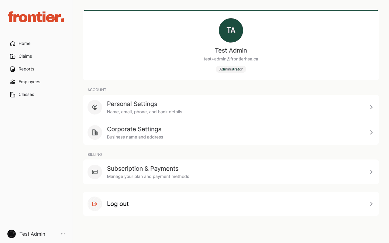 Corporate settings entry point and company details area.