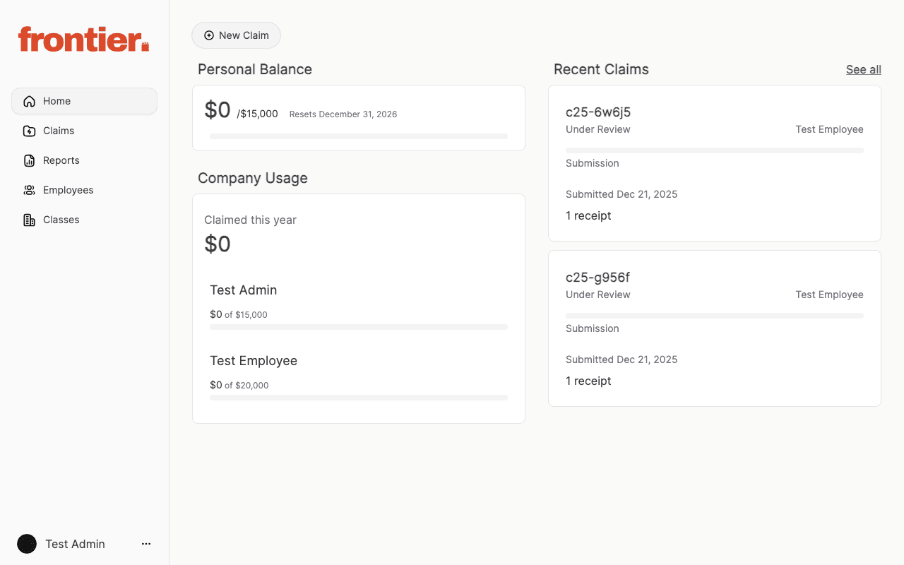 Admin dashboard with company usage and recent claims.
