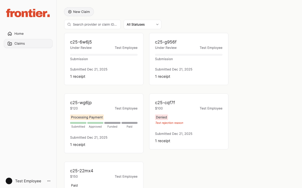 Employee claims list with status and receipt visibility.