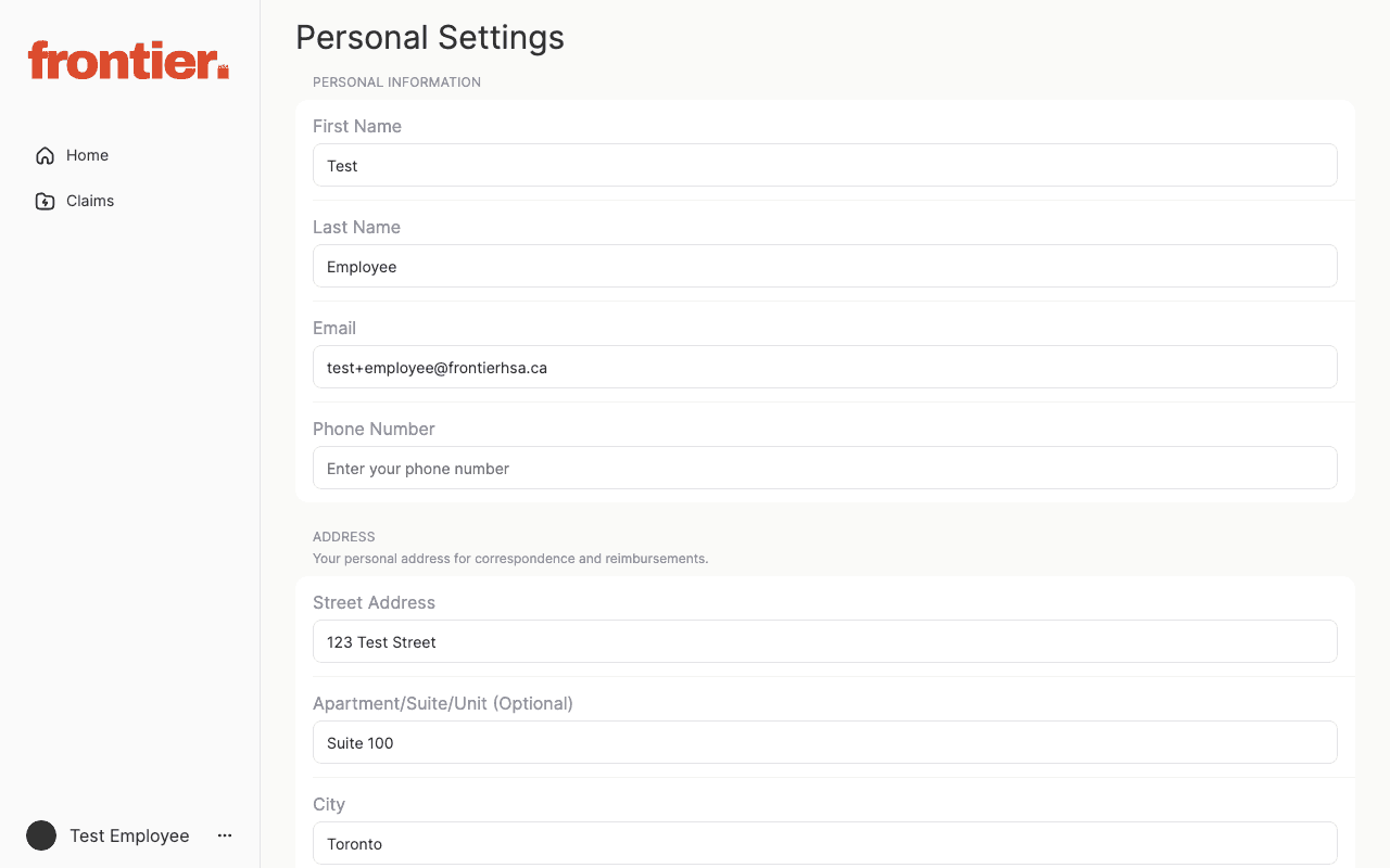 Personal settings form for contact, address, and bank details.