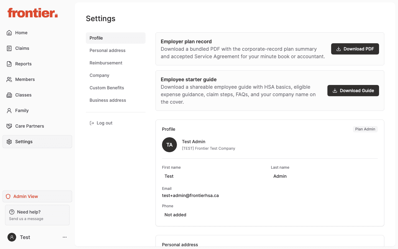 Plan administrator profile and settings.